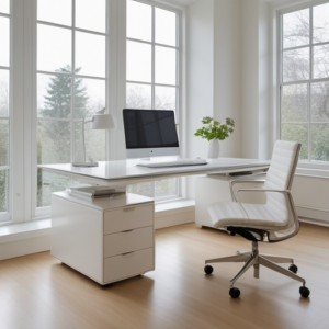 A bright, well-organized home office with a sleek, modern desk near a window, showcasing multi-functional furniture and optimized space for productivity, in a clean, minimalist style