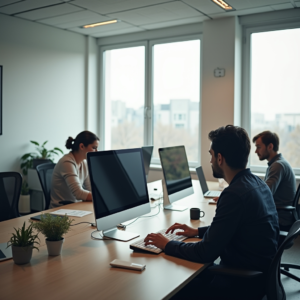 A modern office environment with sparse digital devices, highlighting individuals deeply focused on their tasks, in a serene, distraction-free setting with natural light and minimalistic decor. The image should convey a sense of calm and focused work atmosphere, emphasizing productivity.