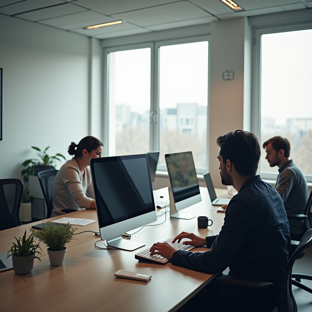 A modern office environment with sparse digital devices, highlighting individuals deeply focused on their tasks, in a serene, distraction-free setting with natural light and minimalistic decor. The image should convey a sense of calm and focused work atmosphere, emphasizing productivity.