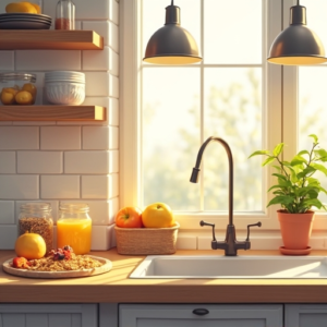 A neatly organized kitchen counter in the morning light, featuring a pre-set breakfast area with healthy options like fruits, smoothies, and cereals, reflecting a calm and efficient start to the day