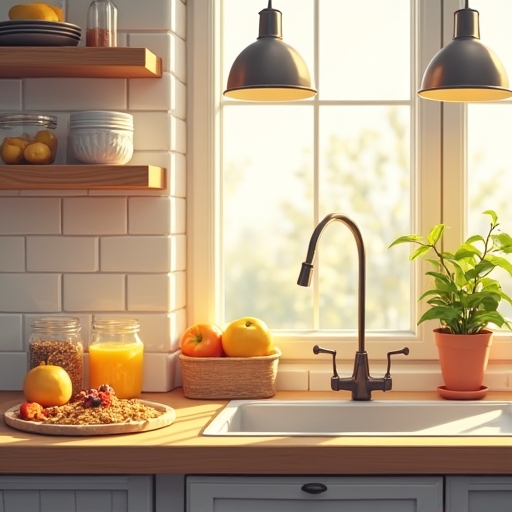 A neatly organized kitchen counter in the morning light, featuring a pre-set breakfast area with healthy options like fruits, smoothies, and cereals, reflecting a calm and efficient start to the day