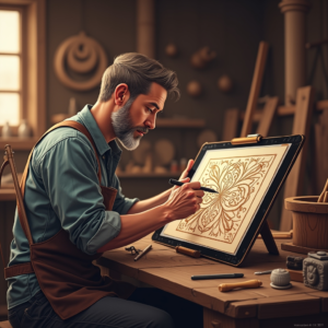 Artisan using digital tablet to design traditional wooden carvings, workshop background with tools and wood pieces, focus on screen showing intricate design, warm and inviting atmosphere, high detailed, realistic 8k quality