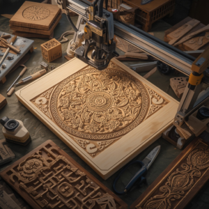 Artisan using advanced digital tools to carve intricate designs on wood, showcasing a perfect blend of ancient craftsmanship and modern technology in a well-lit workshop, pieces of classic and contemporary designs lying around, a sense of creativity and precision filling the air
