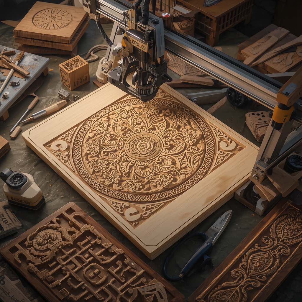 Artisan using advanced digital tools to carve intricate designs on wood, showcasing a perfect blend of ancient craftsmanship and modern technology in a well-lit workshop, pieces of classic and contemporary designs lying around, a sense of creativity and precision filling the air