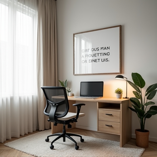 A serene and organized office space featuring a modern desk with a motivational quote framed on the wall, a comfortable ergonomic chair, and soft, natural light filtering through sheer curtains, enhancing focus and productivity