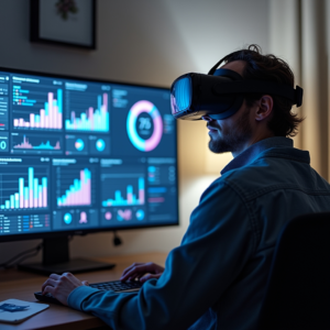 A virtual reality setup in a home office showing a person wearing a VR headset, surrounded by digital screens displaying graphs and collaborative tools, modern and sleek design, highlighting an innovative and professional atmosphere