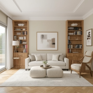 cozy and stylish living room with a sofa bed, ottomans with hidden storage, and tall, floor-to-ceiling bookshelves, all in a softly lit environment emphasizing comfort and smart use of space