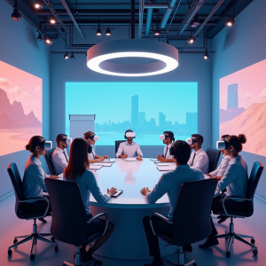 a futuristic virtual reality workspace with high-resolution VR headsets, advanced motion tracking, and a visually rich virtual meeting room featuring avatars of diverse team members actively engaging, ultra-realistic, highly detailed, 8k quality