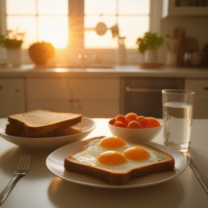 A bright kitchen scene at sunrise, featuring a healthy breakfast with eggs, whole grain toast, a bowl of fruit, and a glass of water on a neatly organized table, reflecting a serene and productive morning.