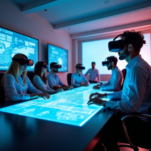 a virtual reality meeting room with diverse avatars of team members collaborating over a digital blueprint, modern style, vibrant colors, clear focus on the VR equipment and interactive displays, high-resolution, photorealistic