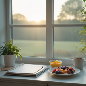 A serene morning setting featuring a well-organized workspace with a planner, healthy breakfast on the table, and a peaceful view from the window, conveying a sense of calm and readiness for the day, in soft morning light