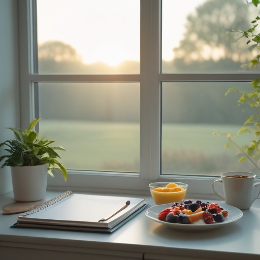 A serene morning setting featuring a well-organized workspace with a planner, healthy breakfast on the table, and a peaceful view from the window, conveying a sense of calm and readiness for the day, in soft morning light