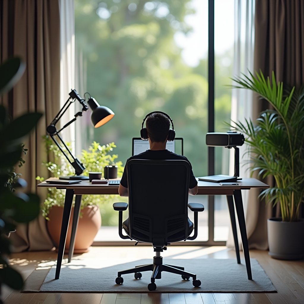 A modern home office equipped with the latest virtual reality gear, featuring a sleek, minimalist desk, ergonomic chair, and high-tech VR headset and controllers. The room is well-lit, with soft, ambient lighting and a large window offering a view of a serene, green garden. The atmosphere is quiet and professional, ideal for focused work.