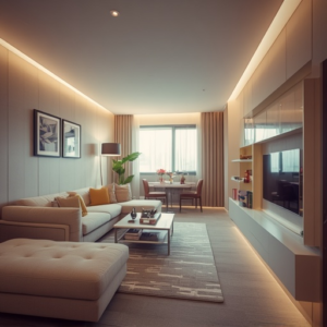 A modern, stylish condo interior showcasing multi-functional furniture, bright lighting, and efficient use of wall space, with a focus on light colors and sleek design, reflecting an optimized small living space.