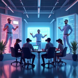 a virtual reality meeting with diverse participants interacting in a futuristic virtual office space, featuring high-tech gear and immersive graphics, conveying a professional yet engaging atmosphere