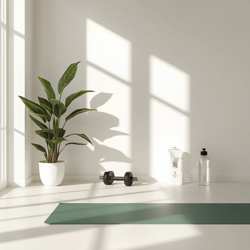 A bright, sunny home gym with minimalistic design, featuring a yoga mat, small weights, and a hydration station, reflecting an energizing morning workout environment