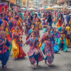 vibrant street festival with locals and tourists enjoying traditional music and dance, colorful costumes and decorations, lively atmosphere, cultural diversity, high resolution