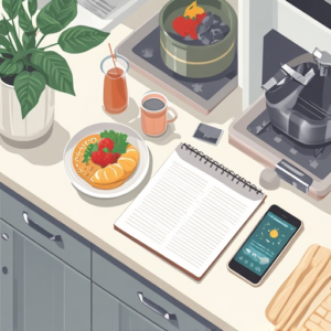 A serene morning setup showcasing a well-organized kitchen with healthy breakfast options ready on the counter, next to a planner and a smartphone displaying a weather app, illustrating an efficient and peaceful start to the day, in soft morning light