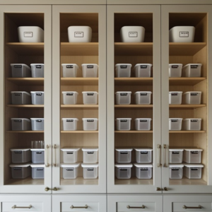 modern kitchen with glass-fronted cabinets filled with neatly organized, labeled transparent storage containers, showcasing an elegant, space-efficient interior