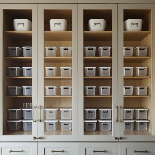 modern kitchen with glass-fronted cabinets filled with neatly organized, labeled transparent storage containers, showcasing an elegant, space-efficient interior