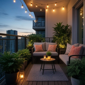 A cozy, well-lit condo balcony in the evening featuring string lights, lush green plants, stylish yet compact furniture, and decorative cushions, creating an inviting and functional outdoor space