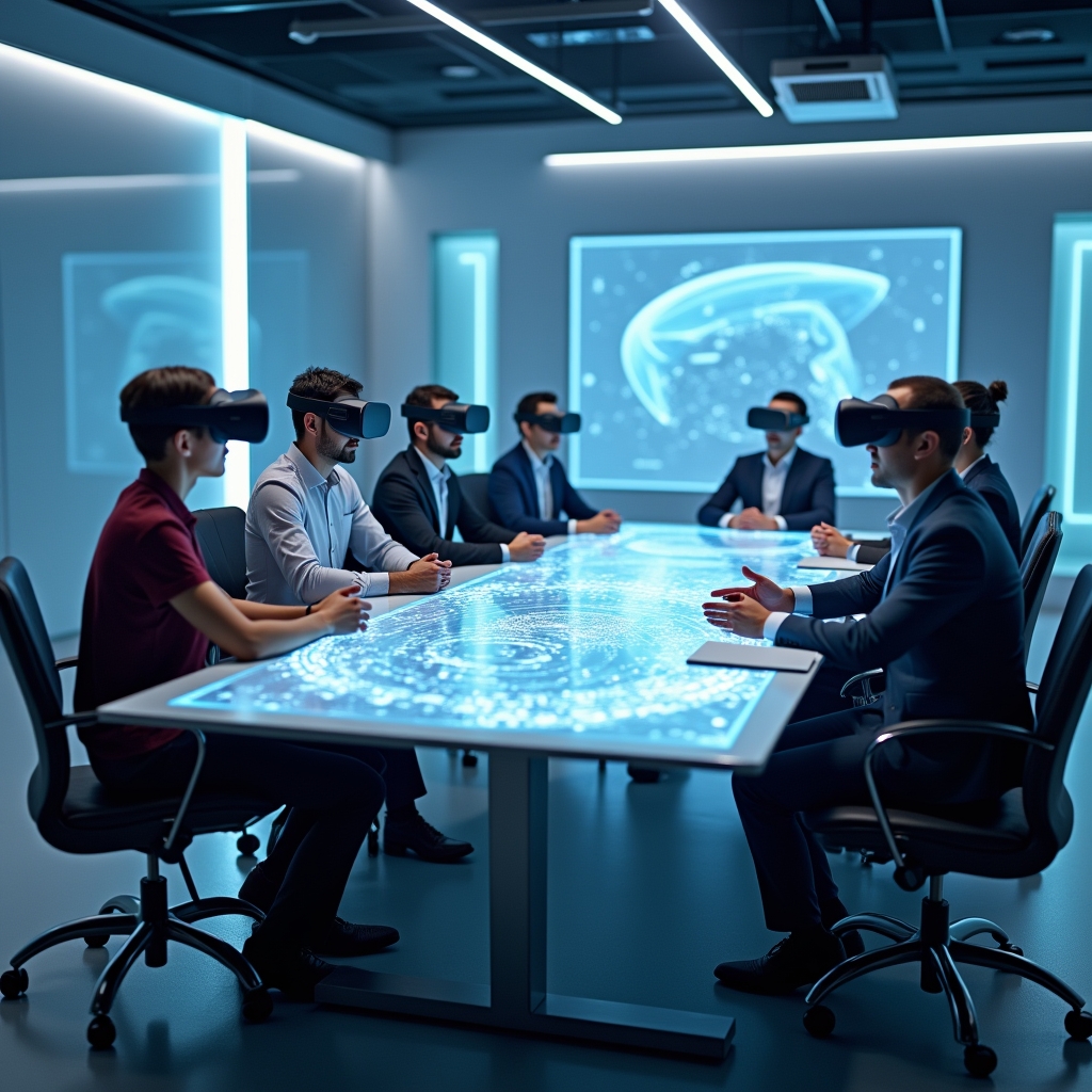 A virtual reality meeting room showing diverse avatars seated around a holographic conference table, engaging in a discussion with immersive graphics and spatial audio technology, depicting a futuristic yet professional atmosphere