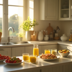 A serene morning setting showcasing a well-organized kitchen with healthy breakfast options ready on the counter, sunlight streaming through the window, creating a warm, inviting atmosphere