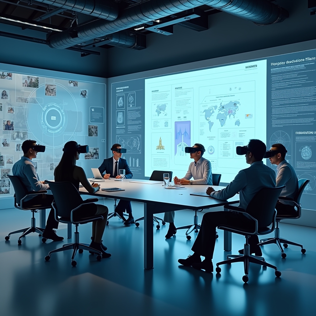 A virtual reality meeting space showing diverse avatars interacting around a digital board, displaying graphs and models, with a focus on clarity and detail in the VR environment, reflecting a professional and futuristic tone