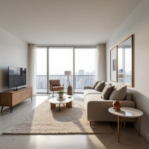 A modern, airy condo living room featuring light-colored walls, multi-functional furniture like a sofa with hidden storage, a compact, extendable dining table, and large mirrors strategically placed to enhance the perception of space, reflecting natural light from large windows.