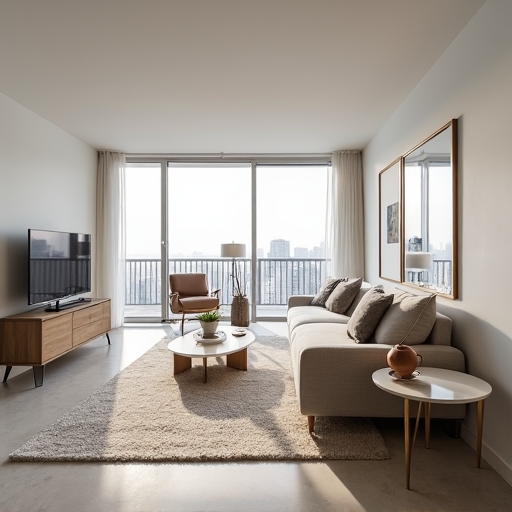 A modern, airy condo living room featuring light-colored walls, multi-functional furniture like a sofa with hidden storage, a compact, extendable dining table, and large mirrors strategically placed to enhance the perception of space, reflecting natural light from large windows.