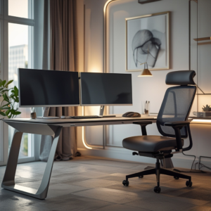 A sophisticated home office setup featuring a sleek, modern desk, dual monitors, ergonomic chair, and soft lighting that creates a productive ambiance