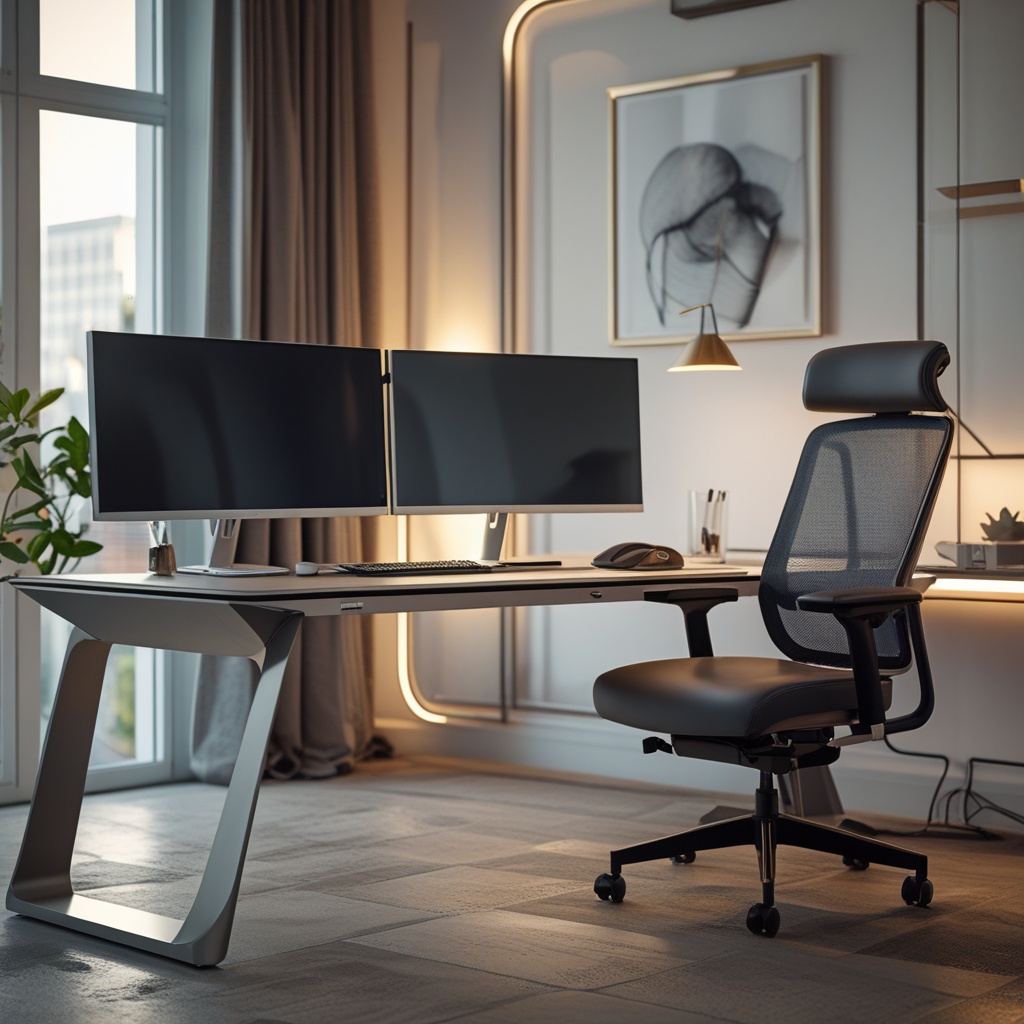 A sophisticated home office setup featuring a sleek, modern desk, dual monitors, ergonomic chair, and soft lighting that creates a productive ambiance
