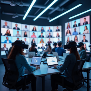 A futuristic virtual reality office space, featuring advanced VR headsets, interactive virtual screens, and a diverse group of avatars representing remote workers from various backgrounds. The environment is sleek and modern, illuminated by soft, ambient lighting that creates a focused yet comfortable workspace atmosphere.