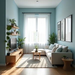 A small, modern condo living room brightly lit with natural sunlight. The room features soft blue walls, light wooden flooring, and strategically placed mirrors creating a spacious and airy feel. Decor includes floating shelves with plants and books, a compact, light-colored sofa, and a sheer curtain softly filtering sunlight through a large window.