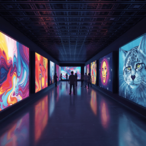 futuristic gallery displaying AI-generated art, visitors interacting with digital screens showing abstract and realistic art pieces, vibrant colors, modern design, interactive art installations, high-tech ambiance