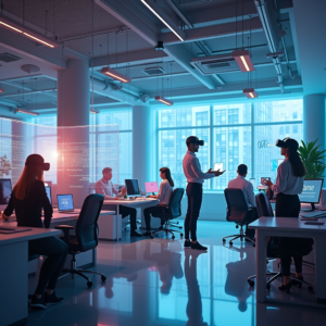 A virtual reality office space showing avatars of employees interacting in a modern, digitally-created office environment, featuring sleek desks and interactive screens, promoting a sense of community and collaboration, bright and professional atmosphere