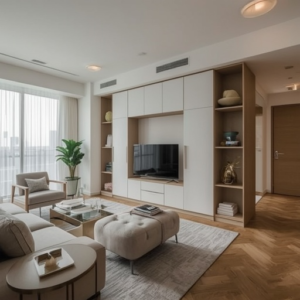 A modern, well-lit condo living room featuring multi-functional furniture such as a Murphy bed and ottoman with storage, soft color tones on the walls, and reflective surfaces enhancing natural light, showcasing an airy and spacious atmosphere