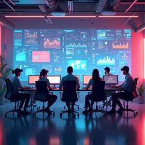 virtual office setting depicted in virtual reality, highlighting diverse avatars of team members collaborating over a digital workspace, vibrant colors, modern and sleek design, with floating digital screens showing graphs and data, immersive and detailed, 8k quality
