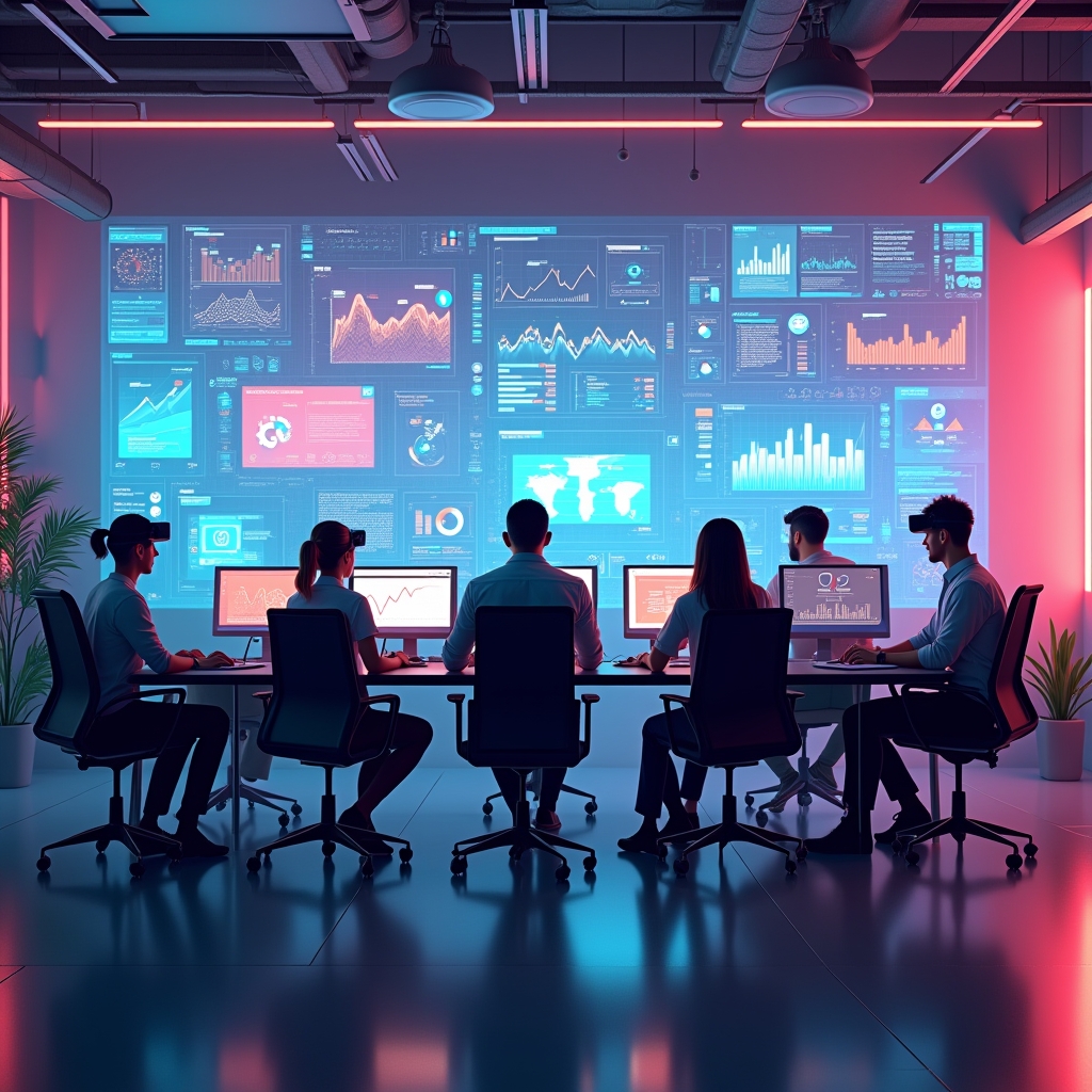 virtual office setting depicted in virtual reality, highlighting diverse avatars of team members collaborating over a digital workspace, vibrant colors, modern and sleek design, with floating digital screens showing graphs and data, immersive and detailed, 8k quality