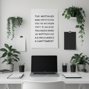 A minimalist office setup showing a clean desk with a laptop, a notepad, some green plants, and a motivational poster on the wall, reflecting a peaceful and productive environment