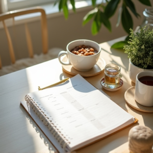 A serene morning scene depicting a well-organized, sunlit home office with a clear desk, a healthy breakfast on the side, and a planner with the day's tasks highlighted. The image should convey a sense of calm and readiness, featuring soft, natural lighting and a minimalist style to emphasize clarity and focus.