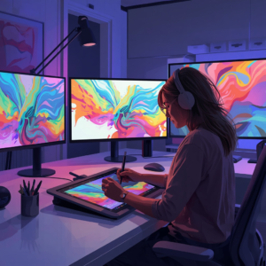 A digital artist using a graphic tablet and stylus in a well-lit studio, surrounded by large digital screens displaying colorful abstract art, capturing a modern, creative, and technology-driven environment
