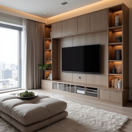 A modern, minimalist condo living room showcasing built-in wall units and multi-functional furniture such as a sleek ottoman with storage, depicted in a high-resolution, realistic style