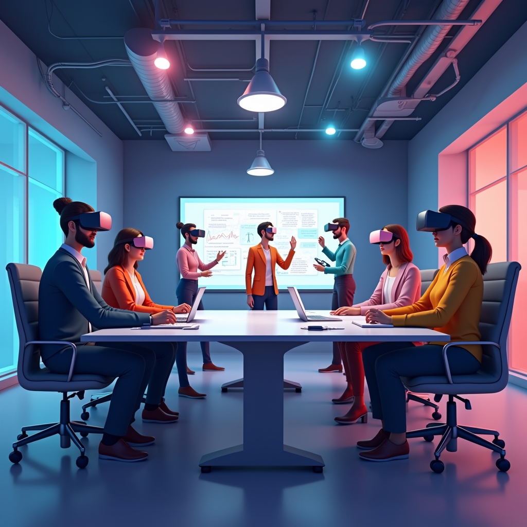 A virtual reality meeting room showing diverse avatars interacting around a digital board, highlighting engagement and realistic expressions, vivid colors, modern technology ambiance