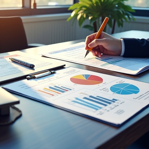 A detailed view of a financial planning session, showcasing diverse financial documents like charts, graphs, and digital tools on a modern office desk, illuminated by soft, natural light, emphasizing a professional and focused atmosphere