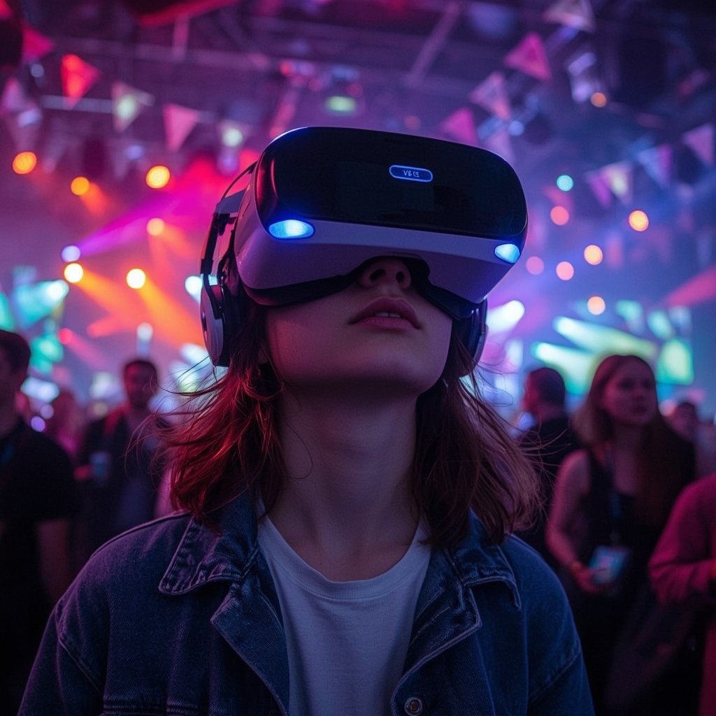 A young person wearing a VR headset, deeply immersed in a vibrant virtual concert with vivid colors and dynamic lighting. The environment is energetic, reflecting a seamless blend of technology and live music experience.